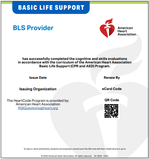 American Heart Association Basic Life Support certification card with QR code and contact information.
