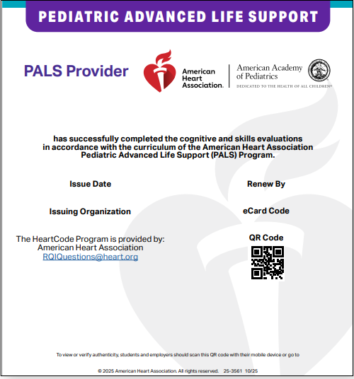 American Heart Association Pediatric Advanced Life Support certification card on a white background