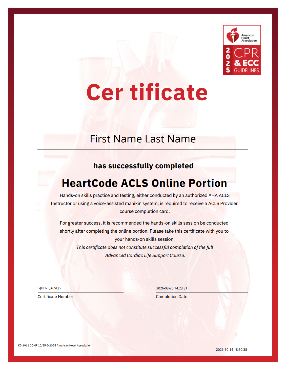 Example of an approved ACLS Part 1 completion certificate