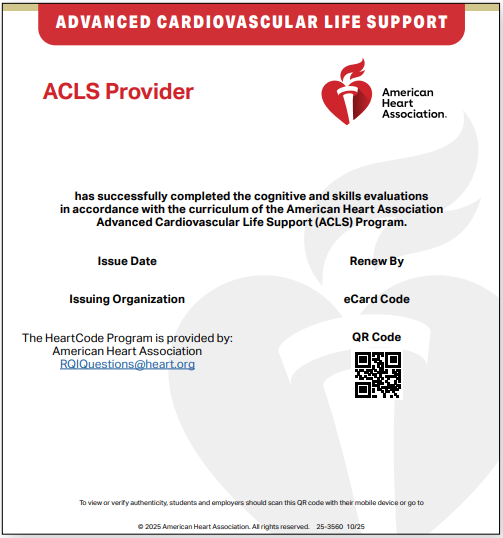 American Heart Association Advanced Cardiovascular Life Support (ACLS) Provider certification card.