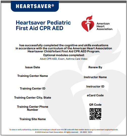 Heartsaver Pediatric First Aid CPR AED certification card with American Heart Association logo