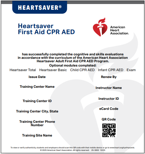 Heartsaver First Aid CPR AED certification card with American Heart Association logo