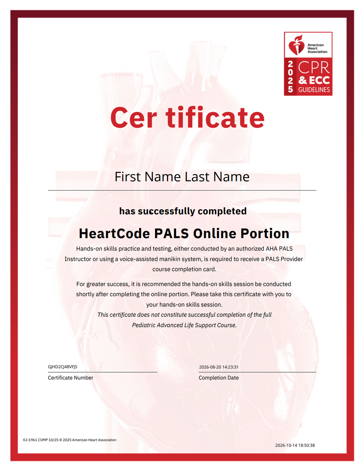Example of an approved PALS Part 1 completion certificate